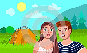 Tourist couple hiking activity. Camping concept with wildlife outdoors. Summer travel illustration