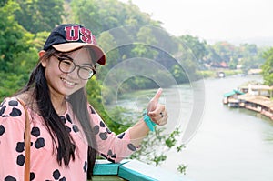 Tourist on Death Railway bridge viewpoint