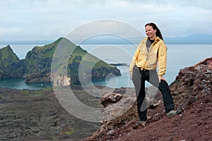 Tourist on Eldfell volcano, Iceland