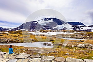 Tourist enjoy mountains view, Norway
