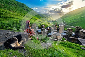 Tourist enjoy view of Ushguli village in Georgia.