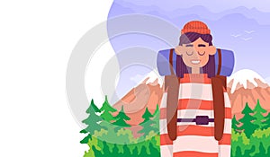 Tourist enjoys his trip in the mountains. Color cartoon flat vector illustration
