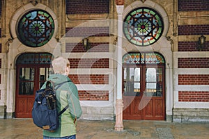 Tourist enter the door of Sirkeci train station in Istanbul, Turkey.