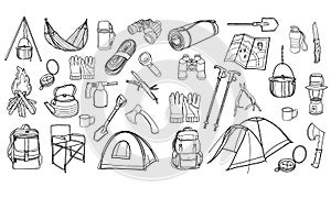 Tourist equipment. Hiking, traveling. a set of icons for camping. Vector illustration in Doodle style