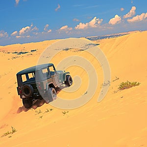 Tourist escapade Yellow sand dunes with a Jeep car