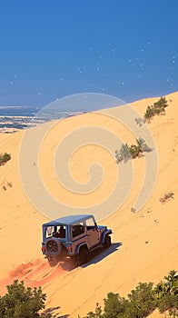 Tourist escapade Yellow sand dunes with a Jeep car