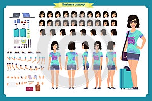 Tourist female, vacation traveller character creation set. Full length, views, emotions, gestures, tan skin tones