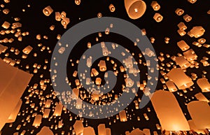 Tourist floating sky lanterns in Loy Krathong festival , Chiang Mai ,Thailand