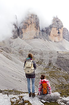 Tourist girl at the Dolomites