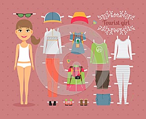 Tourist Girl Paper Doll with Clothes and Shoes