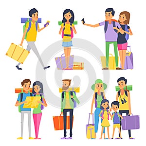 Tourist group of happy people goes to vacation. Couple or family with kids in traveling. Vector illustration