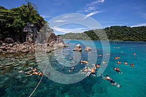 Tourist group snorkeling wear a life jacket over coral reef with clear blue ocean water in tropical clear sea