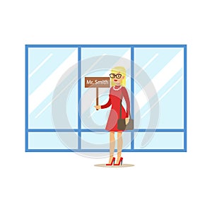 Tourist Guide With Name Sign Waiting For Guest Arrival, Part Of Airport And Air Travel Related Scenes Series Of Vector