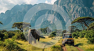 Tourist and guide watching elephant in wildlife during safari holiday experience during sunset.Macro.AI Generative photo