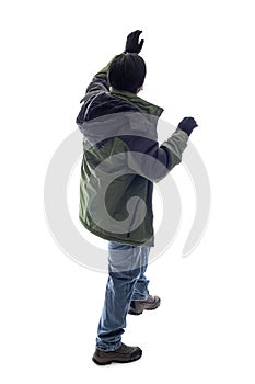 Tourist or Hiker Climbing on a White Background for Composites