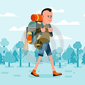 Tourist hiker wlking with backpack