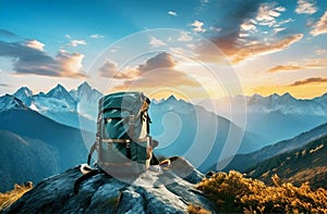 Tourist hiking backpack against the backdrop of a picturesque mountain landscape. Halt