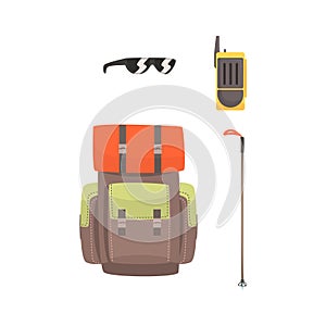 Tourist hiking backpack, sunglasses, radio and ski pole, mountaineering equipment vector Illustration