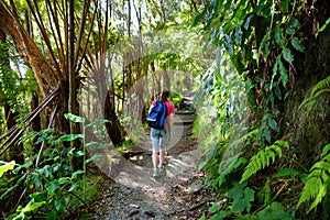 Tourist hiking on Kilauea Iki trail in Volcanoes National Park in Big Island of Hawaii