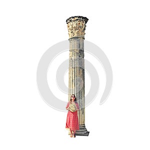 Tourist on the hill Byrsa at the Roman marble column, isolated on a wh
