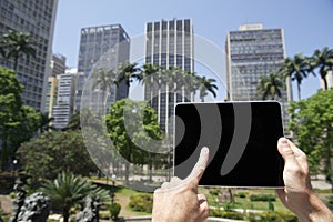 Tourist Holds Touchscreen Tablet Sao Paulo Brazil City Center