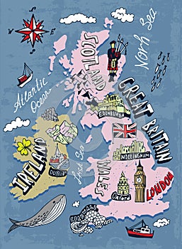 Tourist illustrated map of the Great Britain and Ireland.