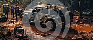 Tourist jeep. Tourism. Classic SUV drives off-road in the jungle and forest. Generative AI. Impenetrable jungle. Dirt