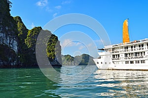 Tourist Junks in Halong Bay,Panoramic view of sunrise in Halong Bay, Vietnam, Southeast Asia