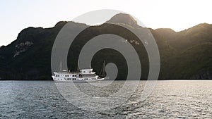 Tourist Junks in Halong Bay,Panoramic view of sunset in Halong Bay, Vietnam, Southeast Asia