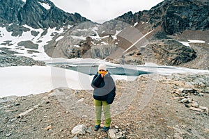 tourist on laguna 5 cinco hermanos in Ushuaia, Province of Tierra del Fuego, Argentina