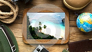 Tourist landscape with ocean, palm trees, globe. Mockup