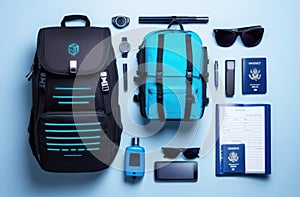 Tourist Layout - Traveler's Outfit, Cybernetics Style Backpack, Documents, Bag,view from above photo