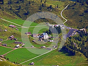 Tourist and livestock alpine settlement Engstlen at the upper Gental Valley and in the Uri Alps mountain massif, Innertkirchen