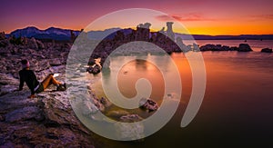 Tourist looking at Sunset Mono Lake California Famous USA Landscapes