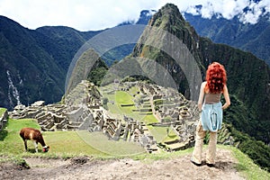 Tourist at Lost City of Machu Picchu - Peru