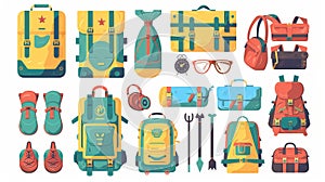 Tourist luggage set with holiday stuff. Hiking, camping, beach accessories are included in the tourist luggage. Bags