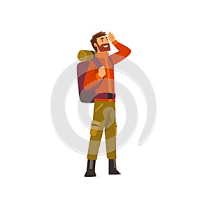 Tourist man with backpack, outdoor adventures, travel, camping, backpacking trip or expedition vector Illustration