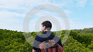 Tourist Man with Backpack Walking Among Green Treetops, Adventure Travel Concept