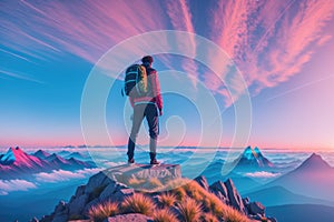 Tourist man hiker standing on top of the mountain with backpack, generative ai. Active life concept