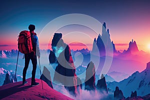 Tourist man hiker standing on top of the mountain with backpack, generative ai. Active life concept