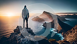 Tourist man hiker on top of the cliff on the sea. Active life concept, illustration ai generative