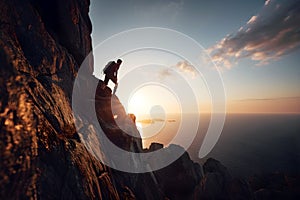 Tourist man hiker on top of the mountain, looking ocean. Active life concept, illustration ai generative