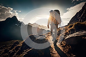 Tourist man hiker on top of the mountain at sunset. Active life concept, illustration ai generative