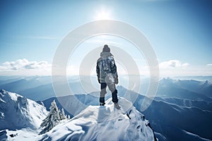 Tourist man hiker on top of the snowy mountain. Active life concept, illustration ai generative