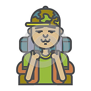 Tourist man icon. Nature outdoorman and sightseer. On vacation, hiking, trekking and camping Tourism and travel icon.