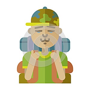 Tourist man icon. Nature outdoorman and sightseer. On vacation, hiking, trekking and camping Tourism and travel icon