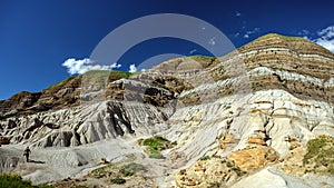 Tourist man walking on a sandstone and photographing the Hoodoos and rock formations in the Canadian Badlands