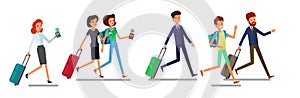 Tourist man and woman running. Traveling people in trip wear with luggage hurry, late for plane or registration. Front