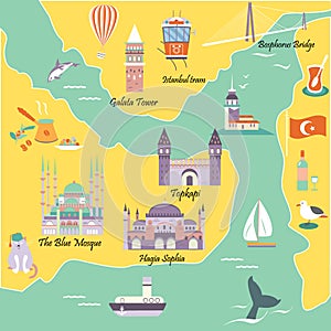 Tourist map with famous destinations and landmarks of Istanbul