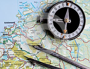 Tourist map of Norway with compass. Travel concept